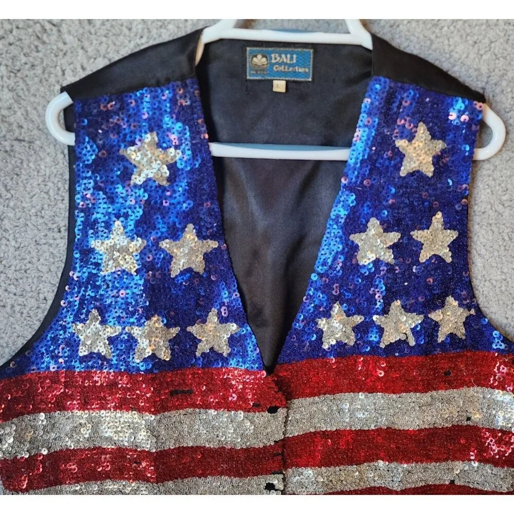 Bali Collection Unisex Snap Button Vest Sequin USA Flag Patriotic Star Stripes L